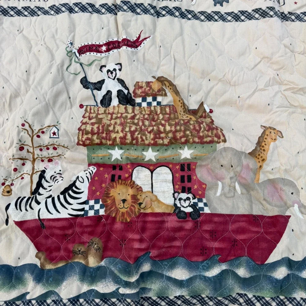 Noah's Ark Quilted Baby Blanket Ruffle Plaid Animal Crackers Nursery Blue Red